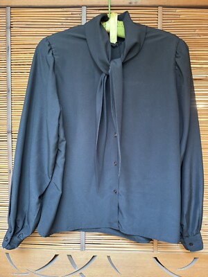 Vintage Pussy Bow Tie Black Blouse Blouse - ADAMO - Size 14 Large