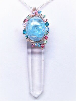Beautiful, Brasilian Polished Lemurian Crystal With Aquamarine Gemstone Necklace