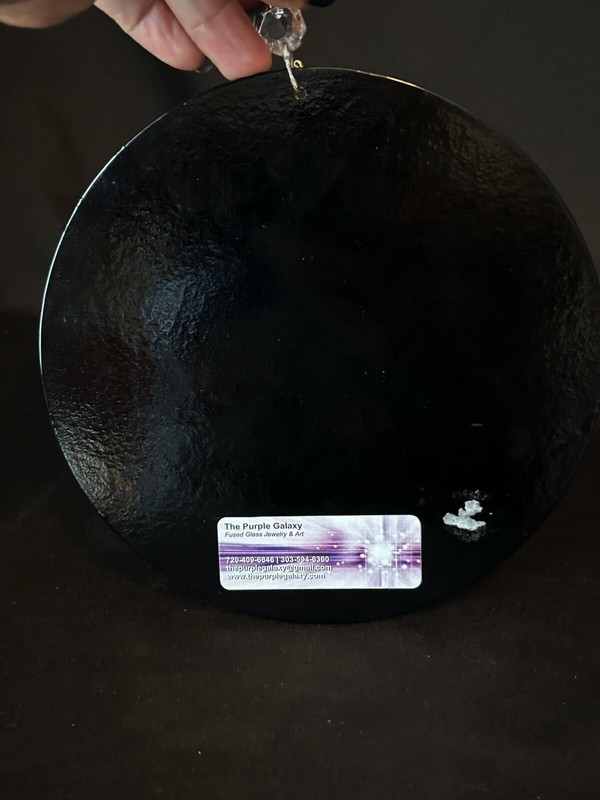 Purple Galaxy Studio Art Glass Fused Art Iridescent Crescent Moon Face & Stars 