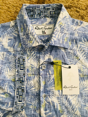 Robert Graham Linen Blend S/S Shirt Mens Size Small Tropical Blue White NWT $198