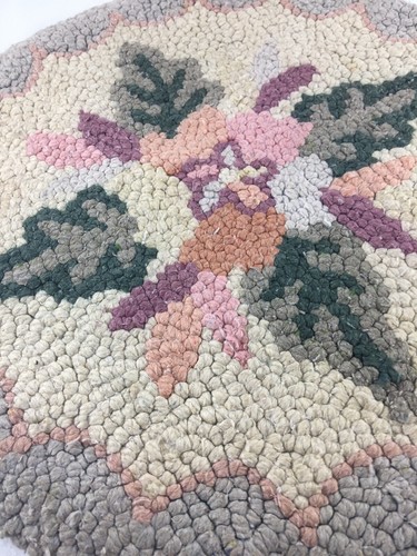 Vintage Hand Made Hooked Rug Seat Chair Pad Cushion Floral 14 1/2
