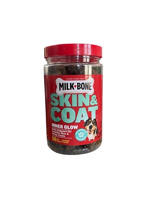 1 MILK BONE Skin & Coat Dog Supplement Omega3 Biotin Vit E-60 Soft Chews BB 2/24