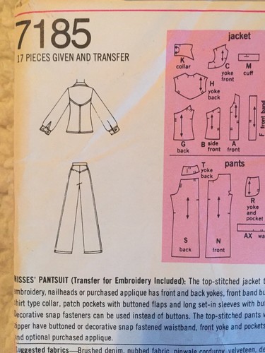 SIMPLICITY SEWING PATTERN #7185, MISSES' PANTSUIT SIZE 12 VINTAGE 1975