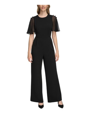 CALVIN KLEIN Womens Black Button Accents Flutter Sleeve Wide Leg Jumpsuit 4