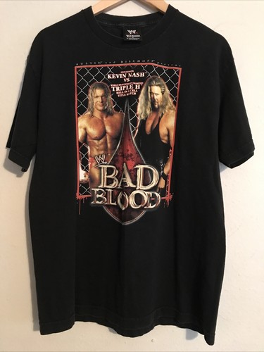 ★BAD BLOOD★Vintage Club V-Neck Check T-Shirt VINTAGE Wrestling Shirt Bad Blood NASH TRIPLE H 2003 WWE