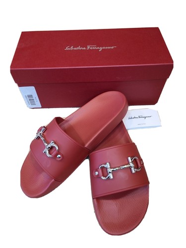 Pre-owned Ferragamo 100% Authentic Salvatore  Groove Slide Sandals 10m Red