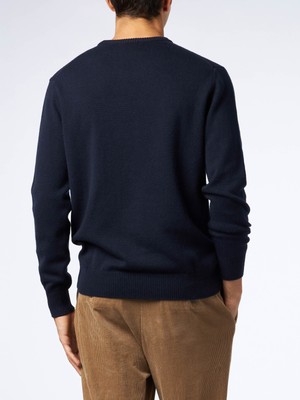 Pre-owned Mc2 Saint Barth Man Crewneck Donegal Sweater With English Pointer Jacquard Print In Blue