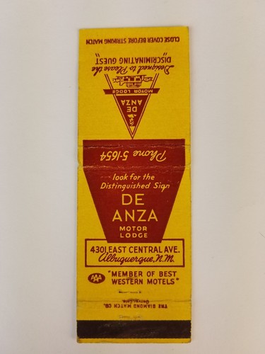 Vintage matchbook cover De Anza Motor Lodge Albuquerque New Mexico. C8