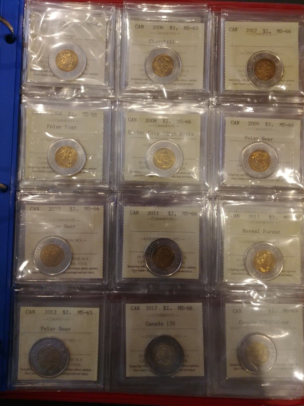 Collection ICCS graded Canada $2 toonies, all MS-65 or MS-66, no NBU, great set