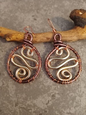 UNIQUE S/M WALNUT BROWN  ALUMINUM WIRE HOOP/SOFT GOLD WAVE/COPPER WRAP EARRINGS