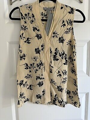 Classiques Entier Silk Tan / Black Floral Sleeveless Blouse Top Sz XS MSRP $179