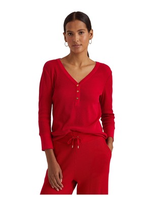 

RALPH LAUREN Женский красный блестящий топ с длинным рукавом и V-образным вырезом