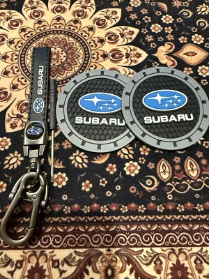 Leather Car Keychain Lanyard Compatible for Subaru With 2 Cup Coasters Car NWT
