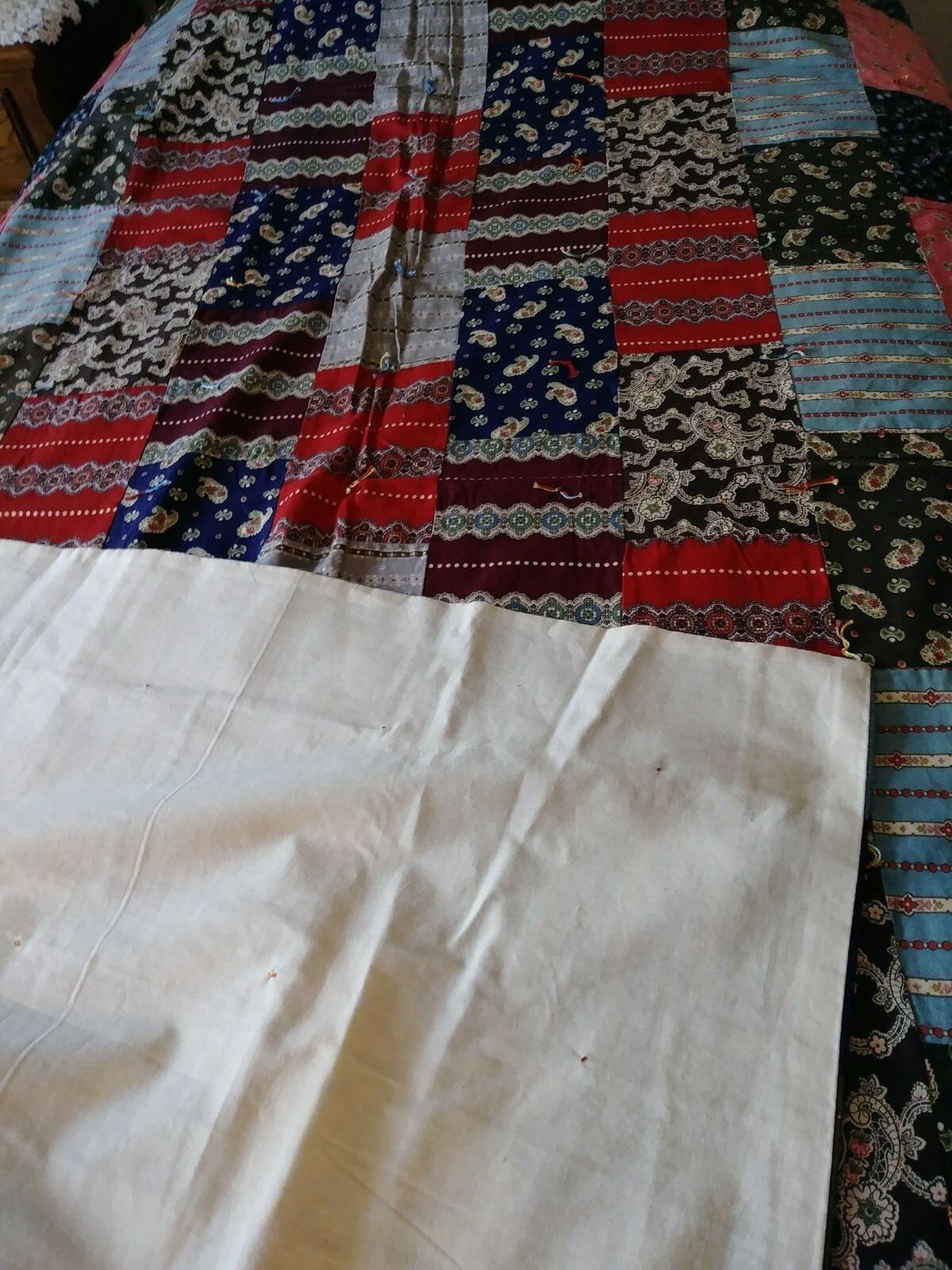 Antique, Vintage, Navy, Red, Blues, Browns, Tie Quilt, 77 1/2
