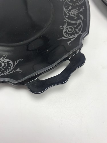 7” Black Handled Plates Set of 2 Sterling Silver Embossed Round Glass Vintage