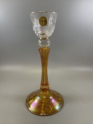 Crystal Italian Taper Candle Stick Iridescent Gold 9'' Tall Gold Rim SC Line Vtg