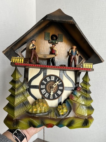 E. Schmeckenbecher Cuckoo Clock West Germany Forest Sawmill wood VINTAGE Unteste