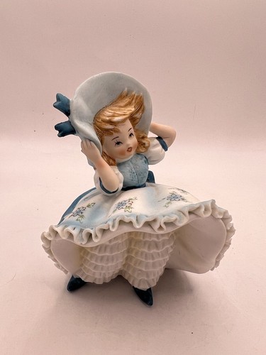 Lefton Japan Figurine KW 3701 Girl Blue Bonnet Hat Ruffle Lefton Japan Figurine KW 3701 Girl Blue Bonnet Hat Ruffle