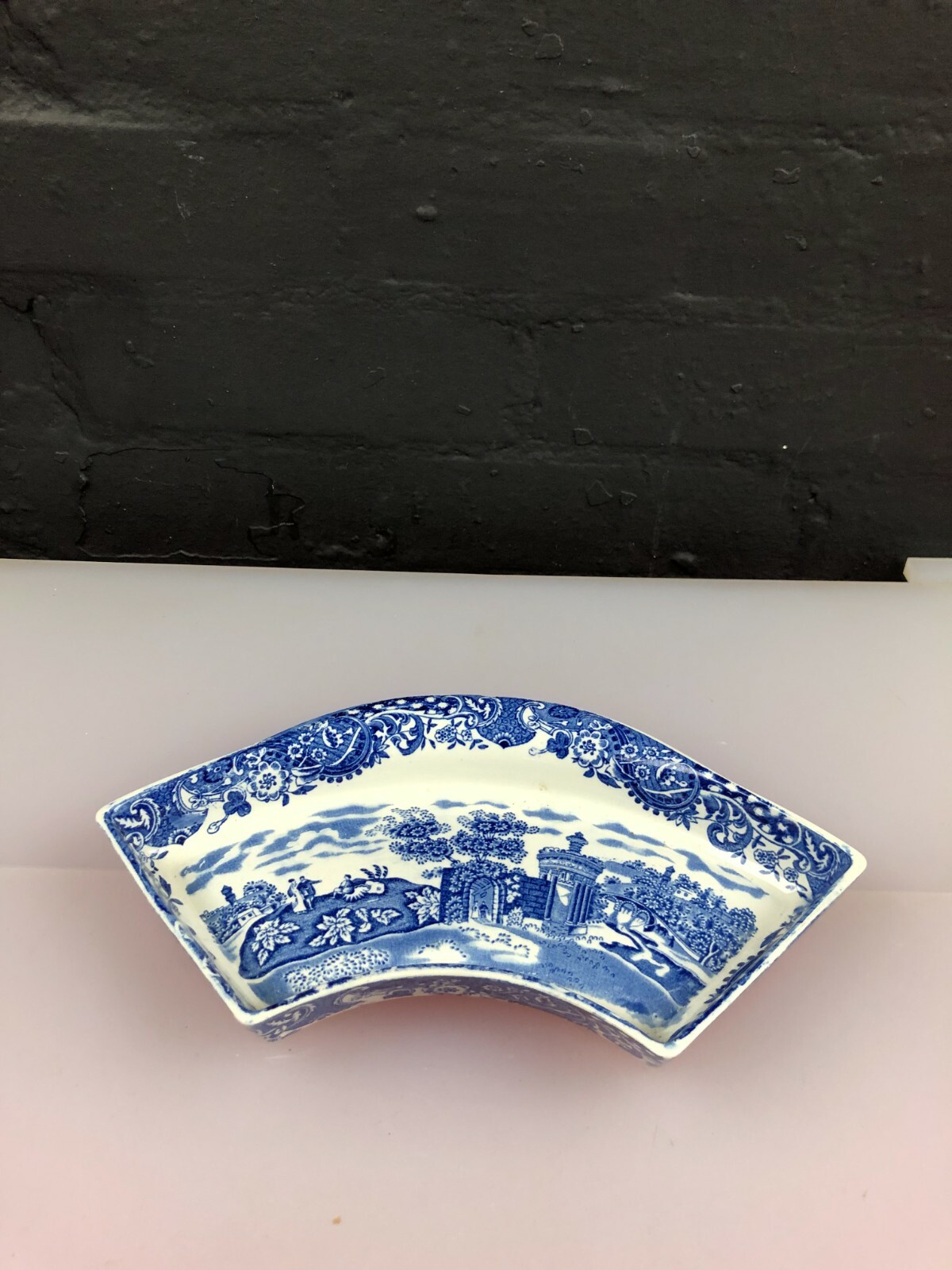 W R Midwinter Landscape Pattern Dish Ltd Blue and White Crescent Shape 10.25”