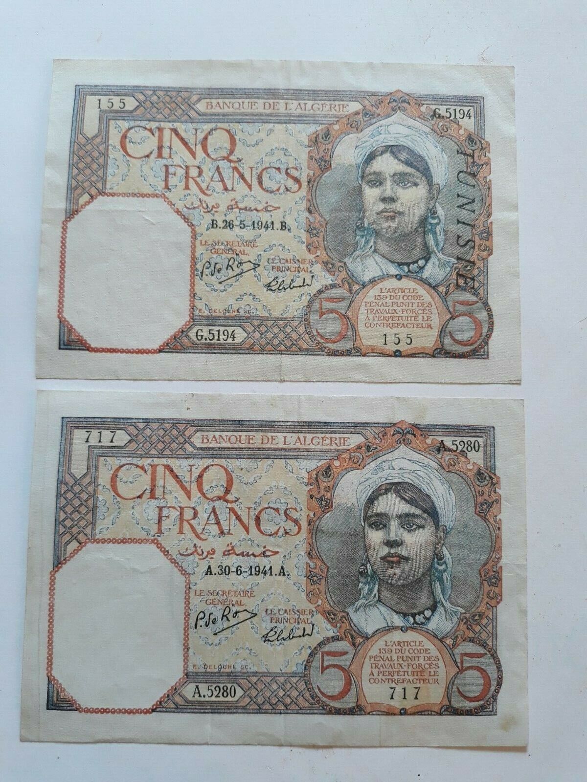 Lot 5 Franc Algerien, Ausnahme Tunesien 1941 Schein, Banknote