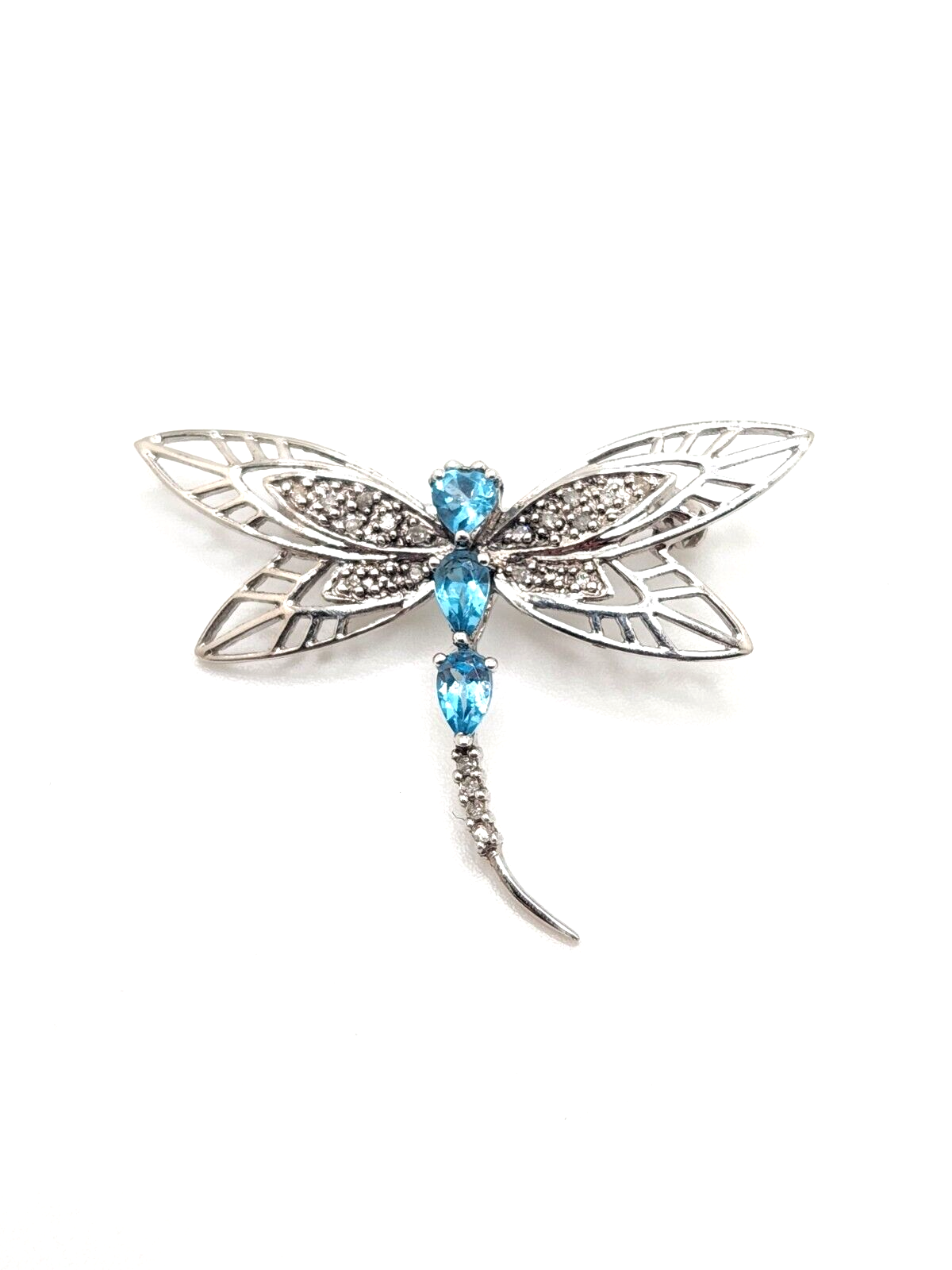 激レア☆Austria&ウランガラス☆ドラゴンフライのウランガラスブローチ Heng Ngai 10K White Gold Dragonfly Brooch with Aquamarine