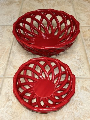 (2) Red Ceramic Braid Bread Baskets Woven Latice Design Large 11'' Small 8''