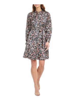 TOMMY HILFIGER Womens Black Button Top Self-tie Belt Cuffed Sleeve Split Dress 4