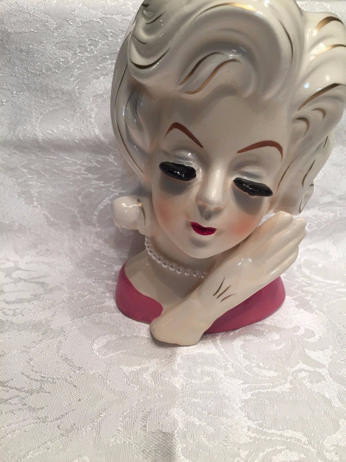 Head vase Lady with a pink dress on white hair with gold streaks  pearls