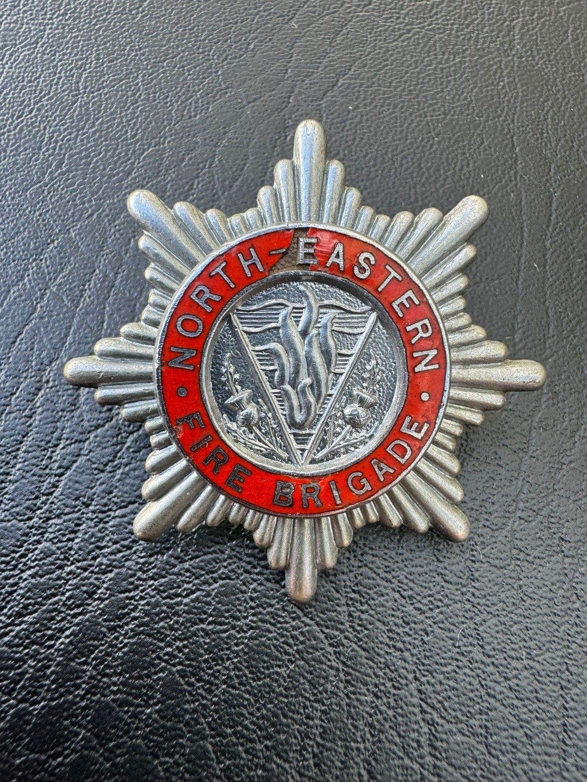 OBSOLETE North Eastern Fire Brigade Scotland Enamel Cap Hat Uniform Badge