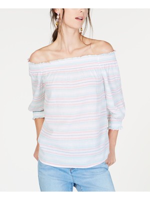 

INC Женский голубой полосатый топ с открытыми плечами и рукавами 3/4, Light blue