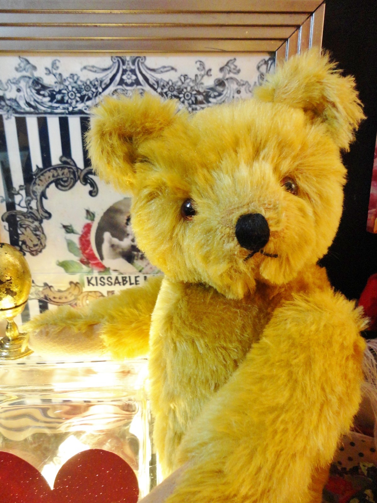 20” ANTIQUE 1930s KNICKERBOCKER TEDDY BEAR, GOLD MOHAIR FELT PADS FULLY JOINTED