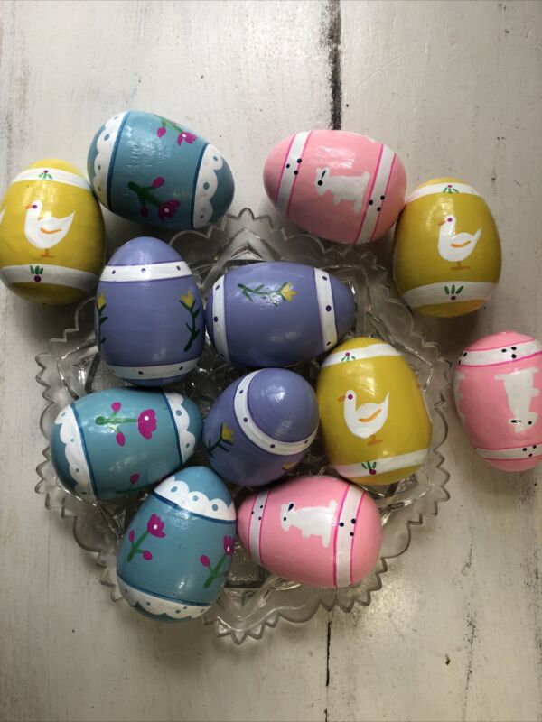 Vintage Lillian Vernon Hand Painted Wooden Easter Eggs Set of 12
