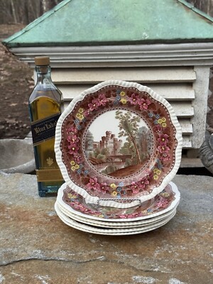 6 Antique c1896 Copeland Spode DELFT Dinner Plates 10.5  Gadroon Rim BEAUTIFUL