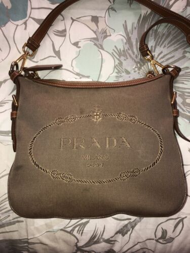 PRADA Brown Canvas Jacquard Logo Leather Crossbody Shoulder PRADA Brown Canvas Jacquard Logo Leather Crossbody Shoulder