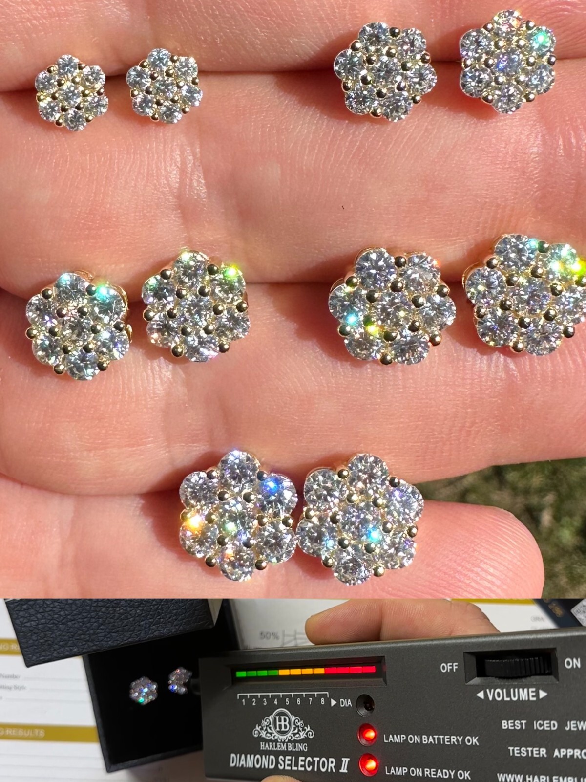 Moissanite Studs Iced Cluster Flower Set Earrings Real 14k