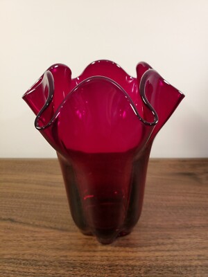 Deep Ruby Red Ruffled Edge 8.5'' Vase