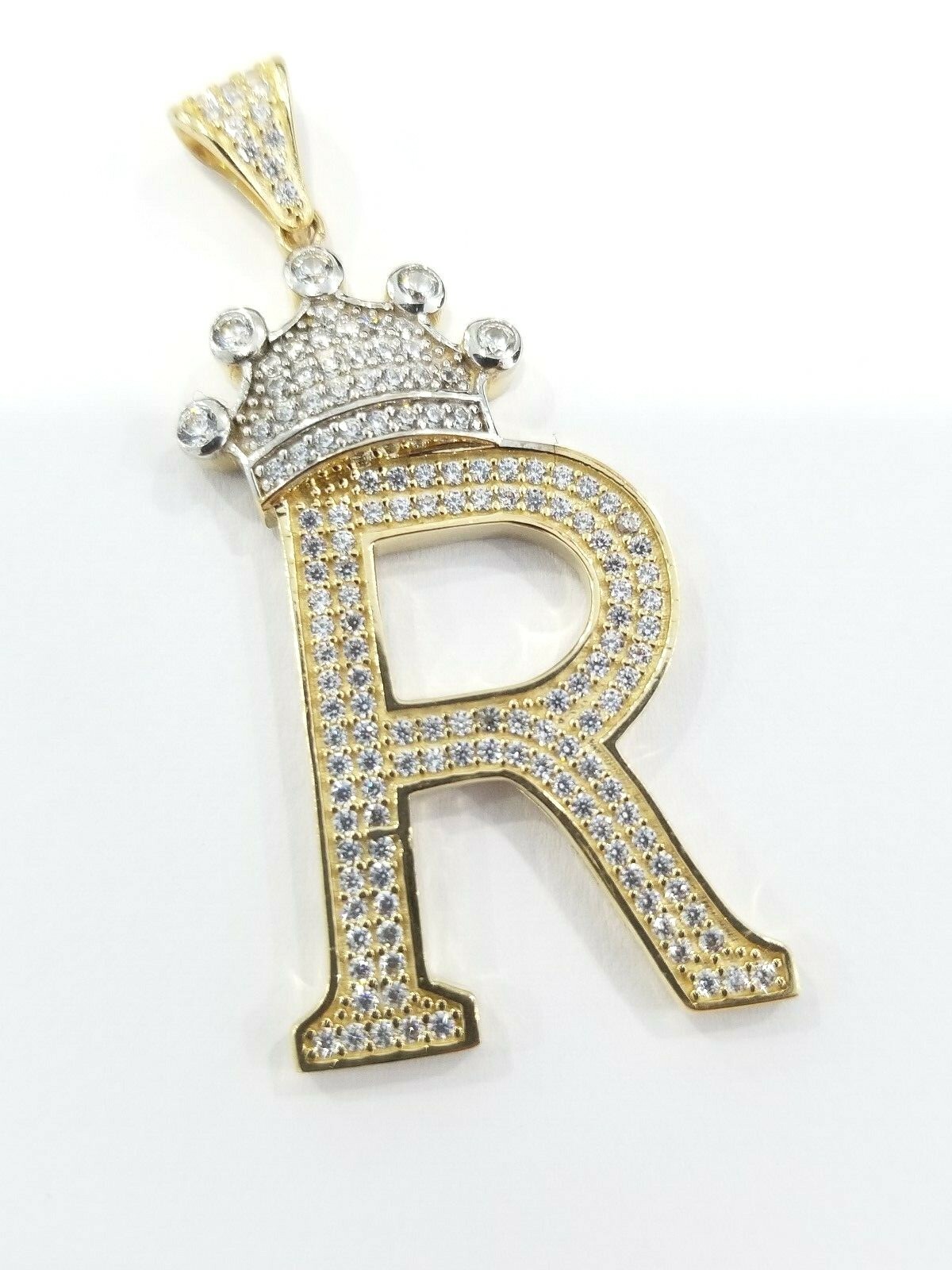 Pre-owned Crown 14k Unisex Yellow Gold  Initial Alphabet Letter R Pendant Charm King Cz