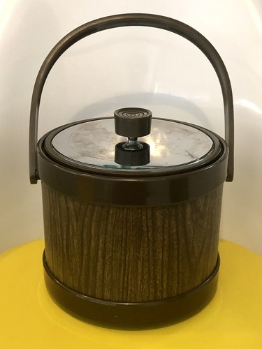 Vintage MCM Atapco Large Ice Bucket with Handles - Wood Grain Pattern