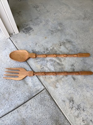 Large Wooden Fork And Spoon Wall Decor Rose Pattern - Tiki Wall In