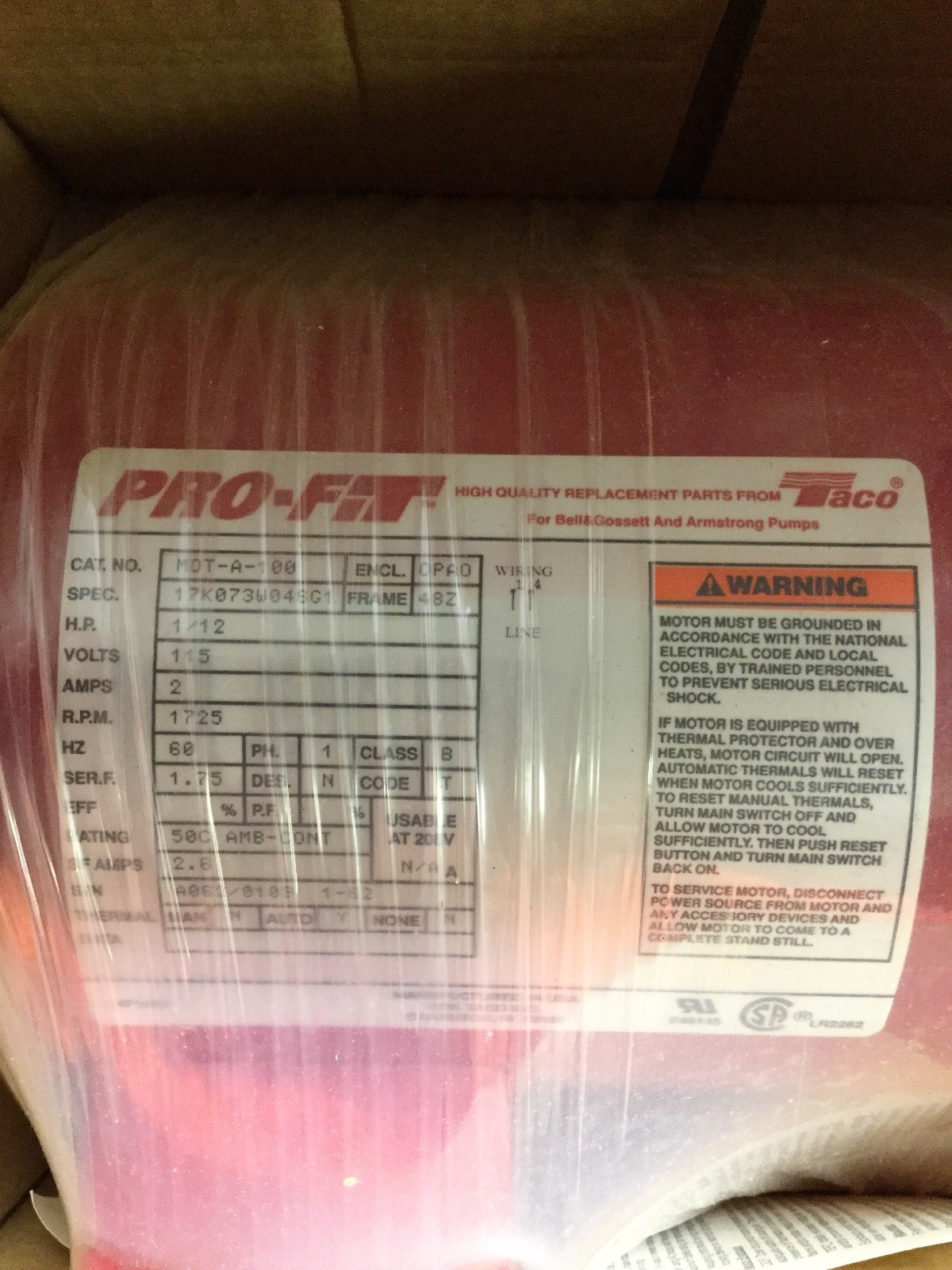 NEW, TACO PRO-FIT, MOT-A-100, MOTOR, 1/12 HP, (23D)