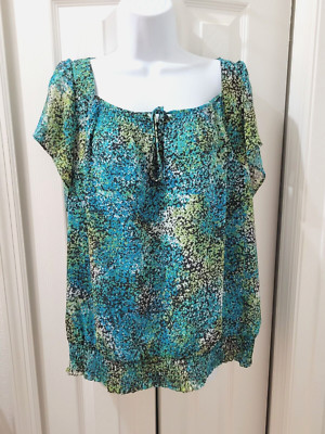 NWT | Fred David Top Blouse Blue Brown Print Chiffon Elastic Hem Womens Large