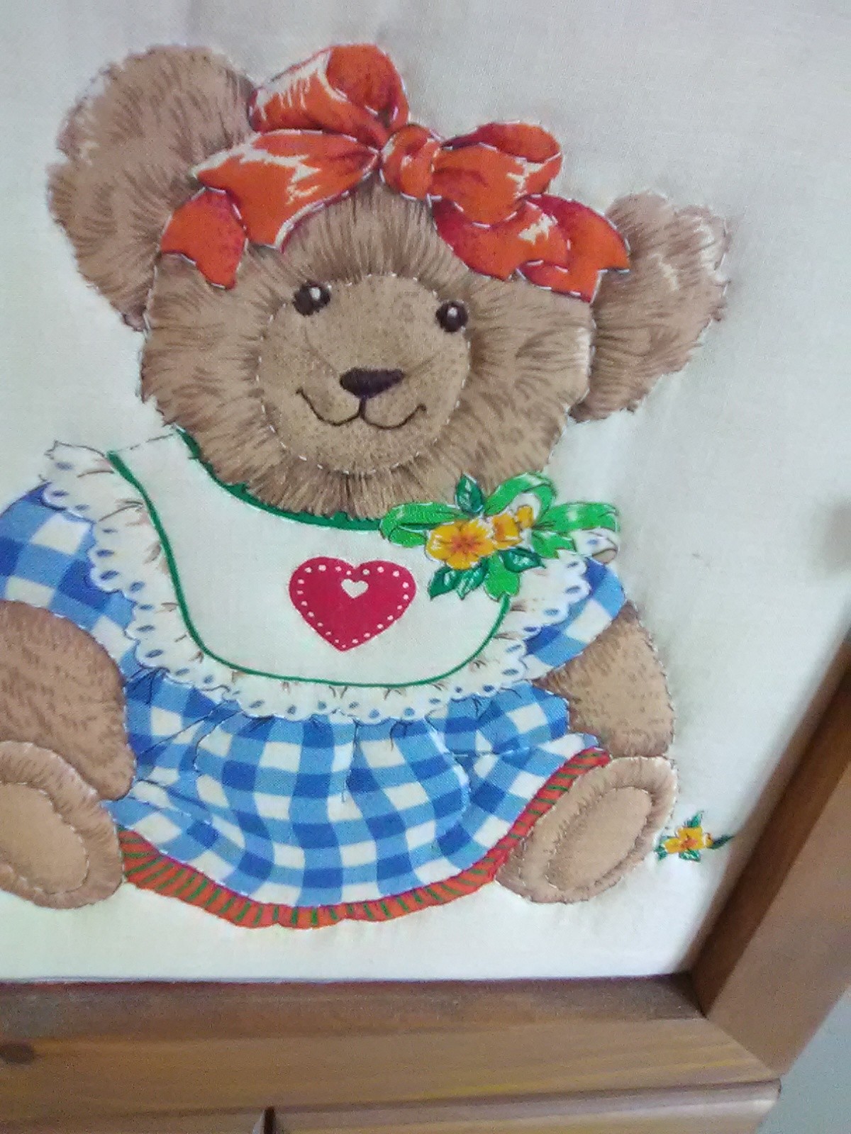 Small Wood  Cabinet with Door and Drawer and Quilted Bear