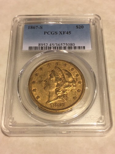 1867-S $20 PCGS XF45 Liberty Double Eagle Gold Coin good