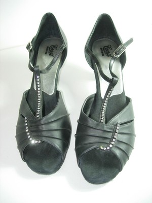 WOMENS BLACK LEATHER RHINESTONE BALLROOM JAZZ DANCE HEELS SHOES SIZE 10 M