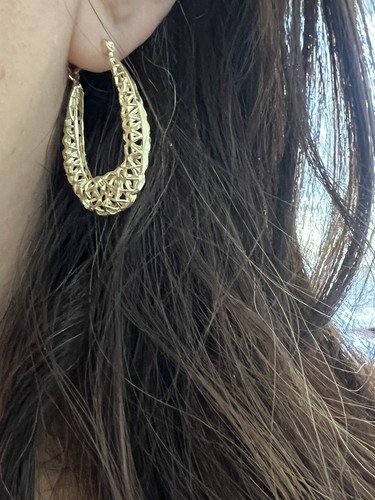 Pre-owned Handmade Gold Oval Turkish Earring 10k Solid Filigree Long Dangle Solid Gift Her 1.30”