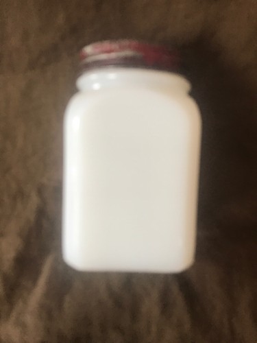 1 DEPRESSION ERA MILK GLASS SPICE JAR RED LID BLUE DUTCH THEME FIGURES