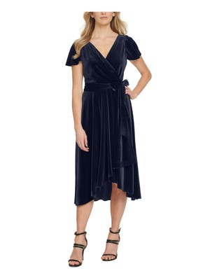 DKNY Womens Navy Unlined Self-tie Belt Flutter Sleeve Midi Faux Wrap Dress 4
