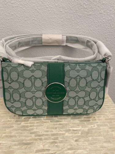 Coach Lonnie Baguette In Signature Jacquard Silver/Green Coach Lonnie Baguette In Signature Jacquard Silver/Green
