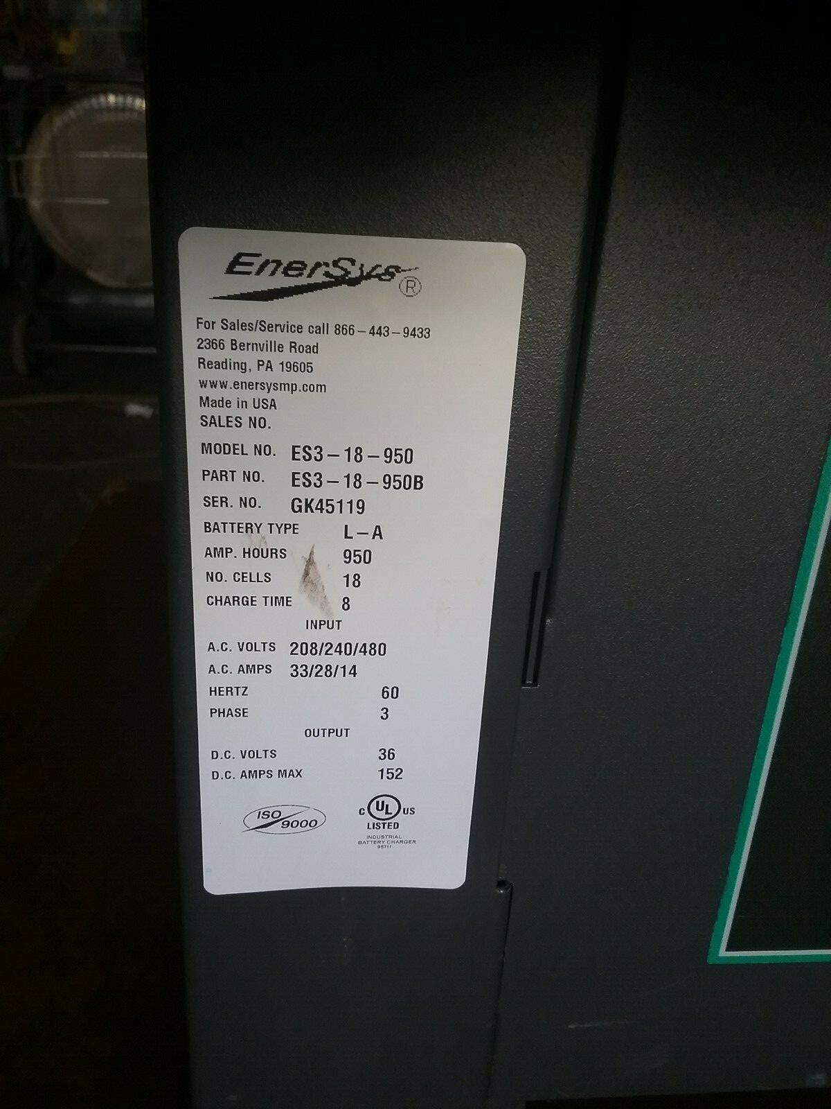 Enersys Enforcer SCR Model ES3-18-950 Forklift Battery Charger
