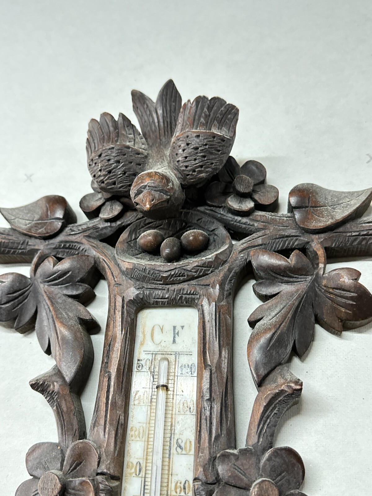 antique black forest barometer carved birds p.m  tamson ornate
